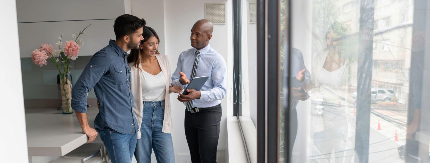 A couple tours a home with their real estate agent.